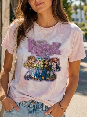 Bratz Y2K Graphic Baby Tee Large Pink Clouds Tie-Dye MGA 20th Anniversary EUC